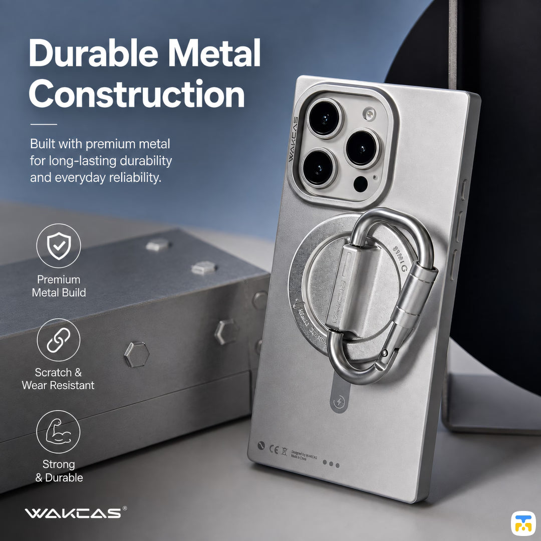 Durable Metal
Construction - WAKCAS Magnetic Carabiner Phone Holder