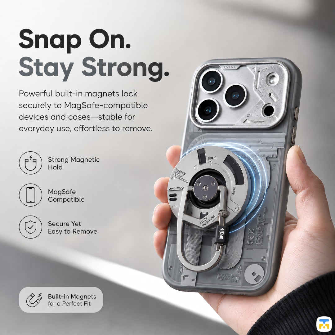 Snap On.
Stay Strong - WAKCAS Matte 360° Rotation Tech-Core Metal Magnetic Stand with Spring Clip