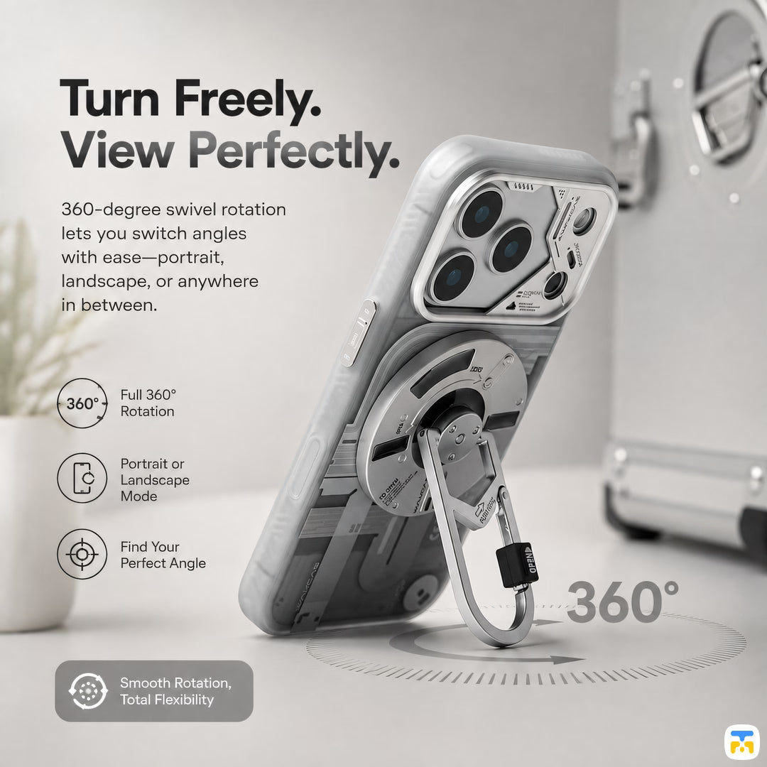 Turn Freely.
View Perfectly - WAKCAS Matte 360° Rotation Tech-Core Metal Magnetic Stand with Spring Clip