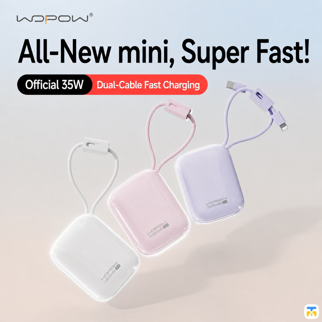 WOPOW 10000mAh 35W Fast Charging Power Bank with Built-in Cables