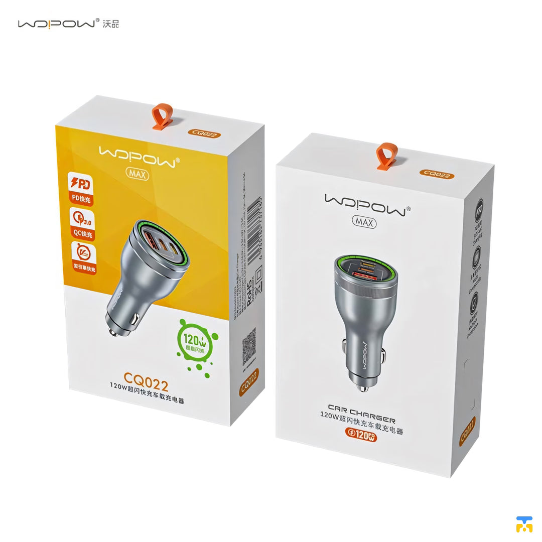 WOPOW 120W PD Fast Car Charger - 2x USB-C, 1x USB-A