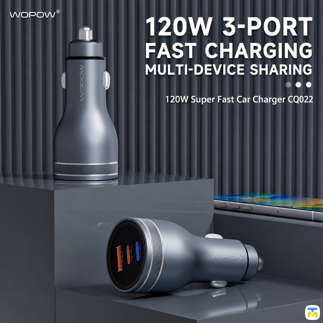 120W 3-PORT FAST CHARGING MULTI-DEVICE SHARING - WOPOW 120W PD Fast Car Charger - 2x USB-C, 1x USB-A