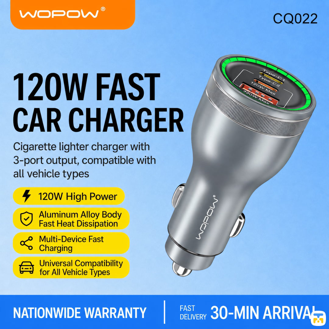  WOPOW 120W PD Fast Car Charger - 2x USB-C, 1x USB-A