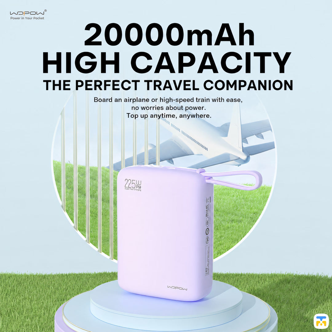 20000mAh HIGH CAPACITY And PERFECT TRAVEL COMPANION - WOPOW 20000mah 22.5W Fast Charging Power Bank with Built-in Cables