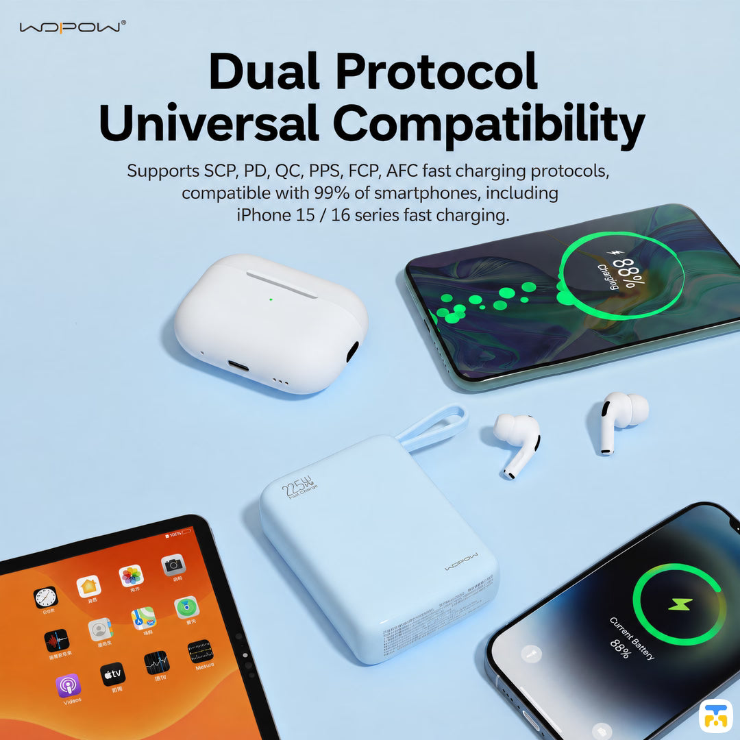 WOPOW 20000mah 22.5W Fast Charging Power Bank with Built-in Cables