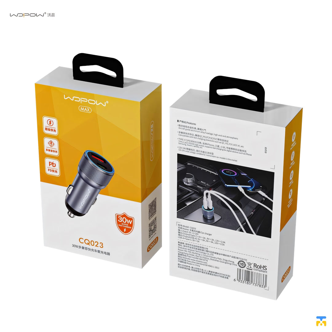 WOPOW 30W PD Fast Car Charger - 1x USB-C, 1x USB-A