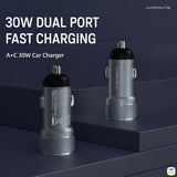 30W DUAL PORT FAST CHARGING - WOPOW 30W PD Fast Car Charger - 1x USB-C, 1x USB-A