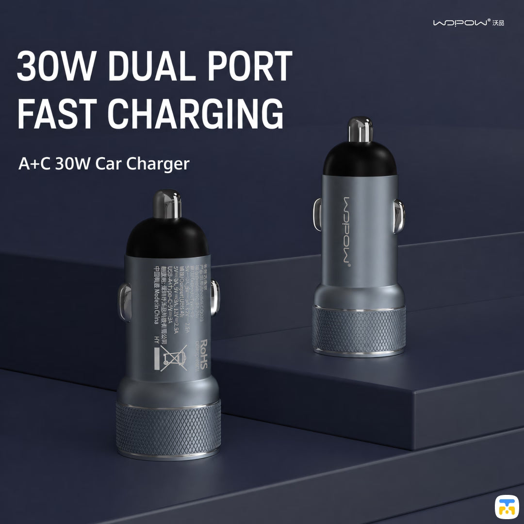 30W DUAL PORT FAST CHARGING - WOPOW 30W PD Fast Car Charger - 1x USB-C, 1x USB-A