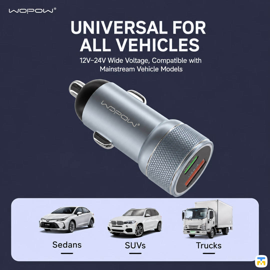 UNIVERSAL FOR ALL VEHICLES - WOPOW 30W PD Fast Car Charger - 1x USB-C, 1x USB-A