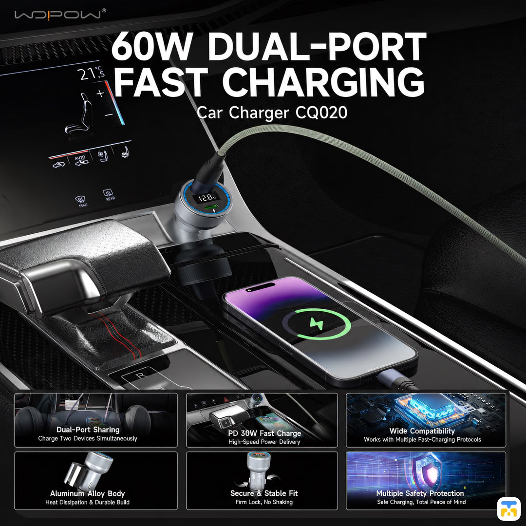 60W DUAL-PORT FAST CHARGING - WOPOW 60W PD Fast Car Charger - 1x USB-C, 1x USB-A