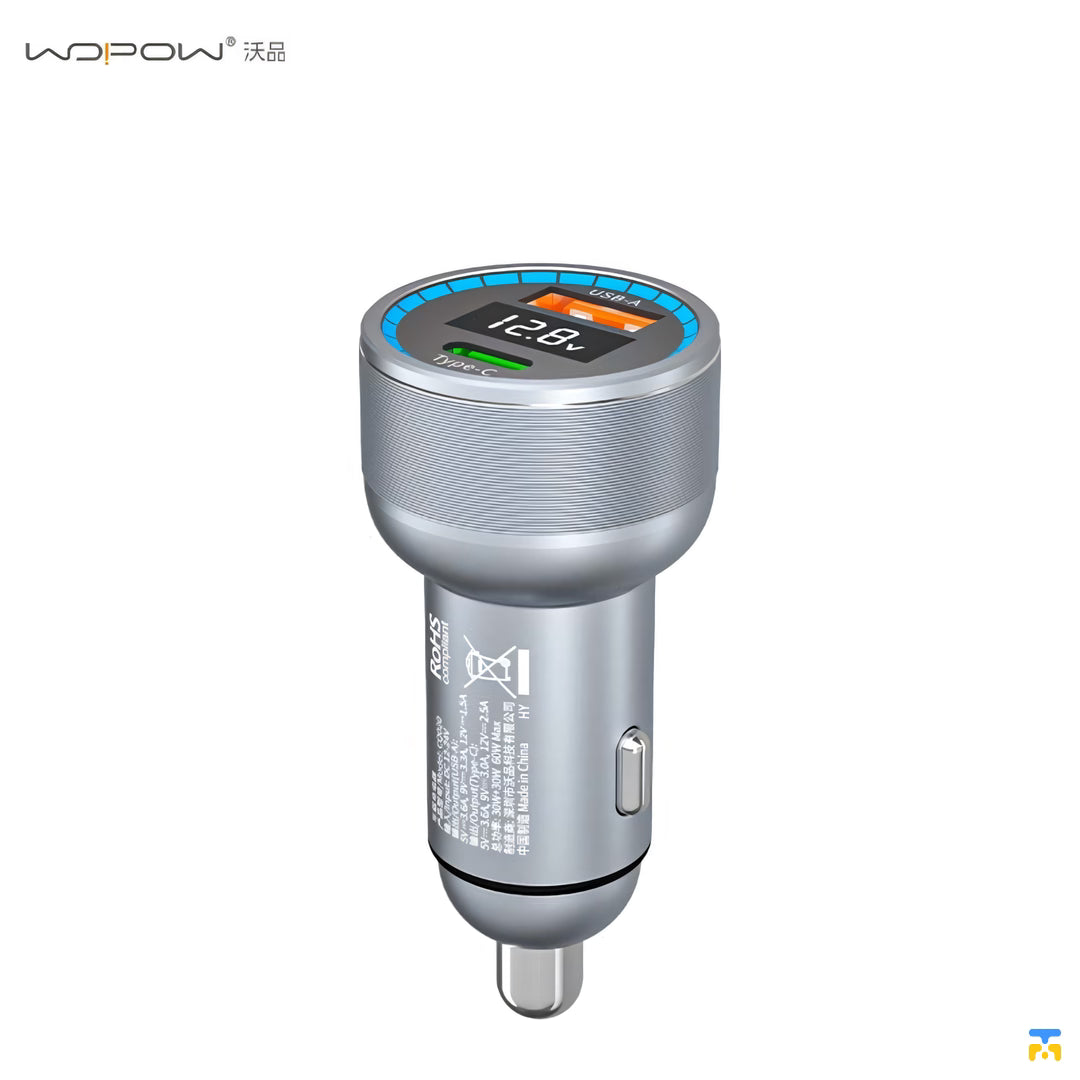 WOPOW 60W PD Fast Car Charger - 1x USB-C, 1x USB-A