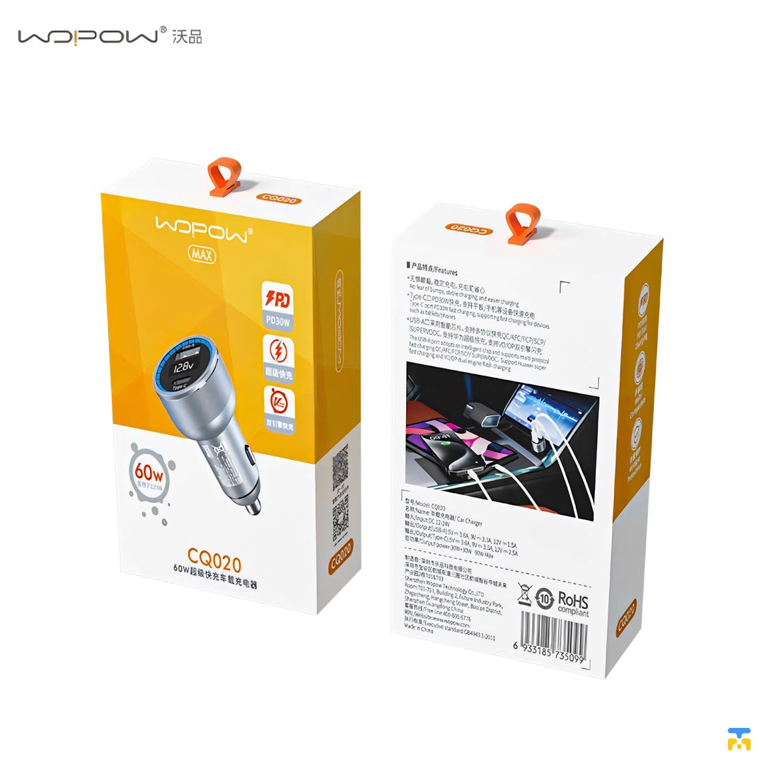 WOPOW 60W PD Fast Car Charger - 1x USB-C, 1x USB-A