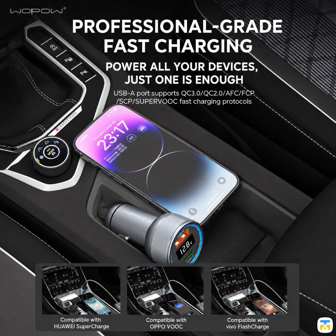 PROFESSIONAL-GRADE FAST CHARGING - WOPOW 60W PD Fast Car Charger - 1x USB-C, 1x USB-A